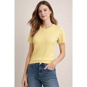 J Crew NWT Silk Cashmere Ribbed Short Sleeve Sweater Yellow Lightweight Sz M